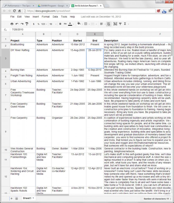 Full Art & Activism Resume spreadsheet